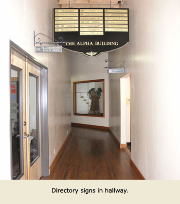 Hallway directory signs, where office space is for rent in Grass Valley, CA.
